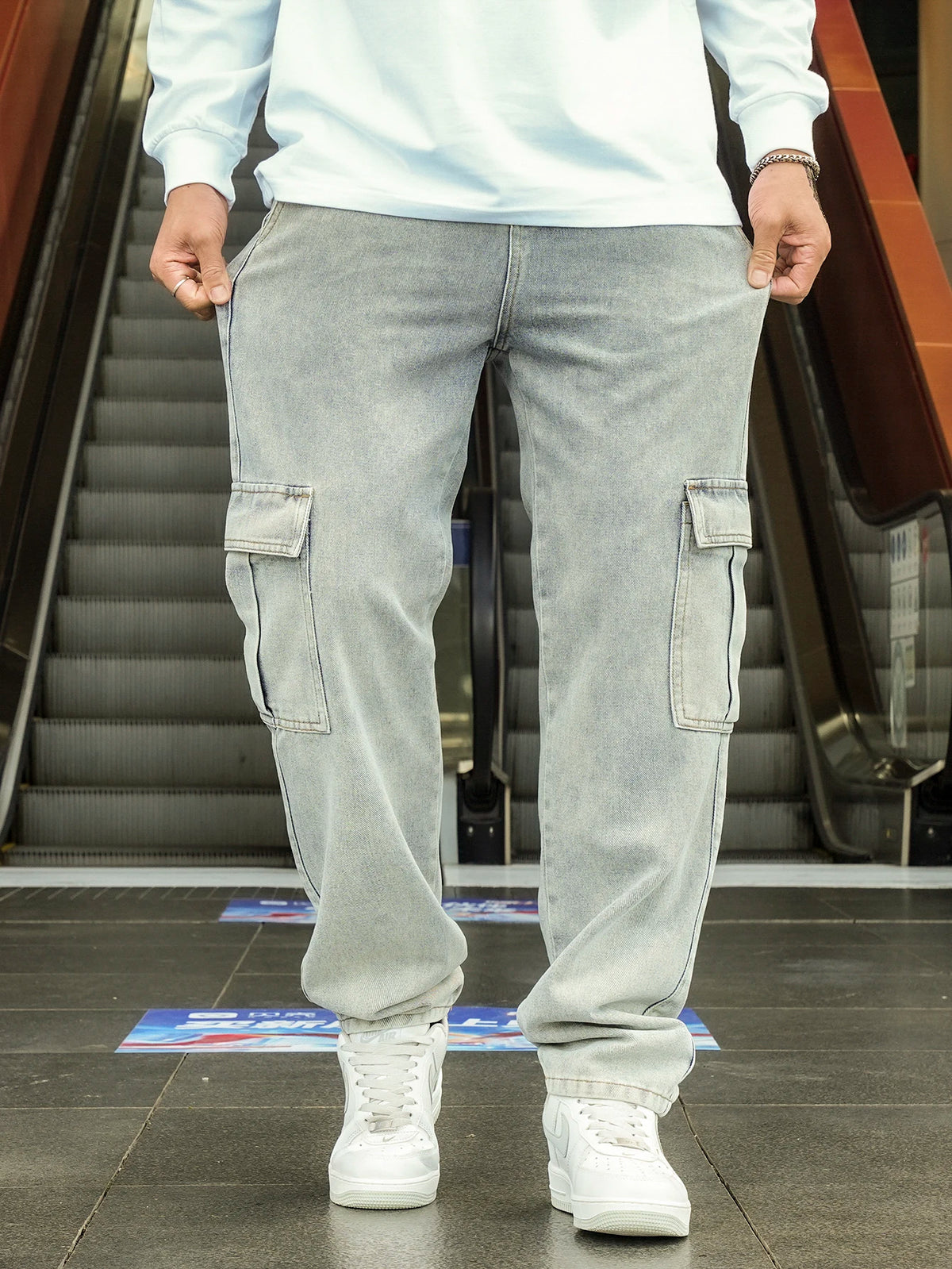 Men's Jeans Retro Blue Cargo Pants Multi-Pocket Work Wear Denim Trousers Casual Regular-Fit Trendy Men Clothes Free Shipping