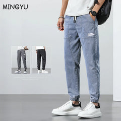 Spring Summer Jeans Men Cotton Thin Beam Feet Harem Pants Elastic Drawstring Waist Light blue Joggers Trousers Male 28-38