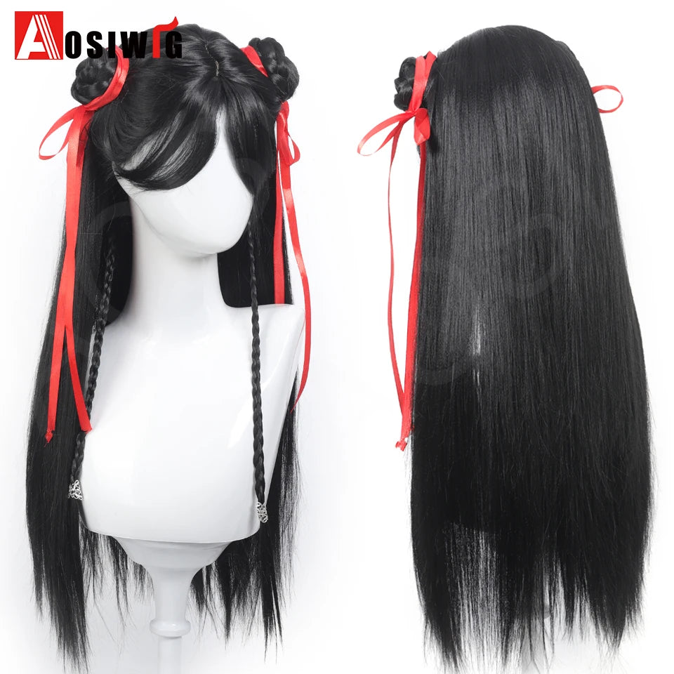 Anime Chinese Movies Cosplay Wig Black Long Straight Hair With Braid Red Ribbon Double Bun styleet Wig Cosplay Halloween Wig