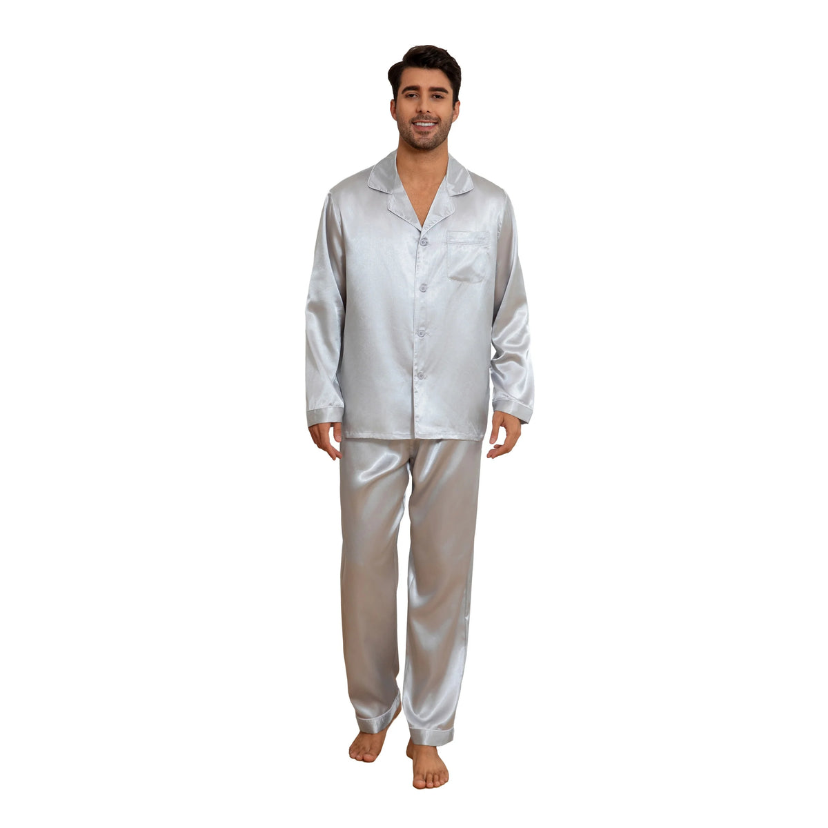 Men's Pajama Set Spring/Summer New Satin Solid Color Casual Button Down Shirt & Elastic Waistband Long Pants Pajamas for Home