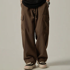 Men's Sweatpants 2025 Spring Autumn Vintage Japanese Wide Leg Straight Loose Button Big Pockets Cargo Pants Drawstring Trousers