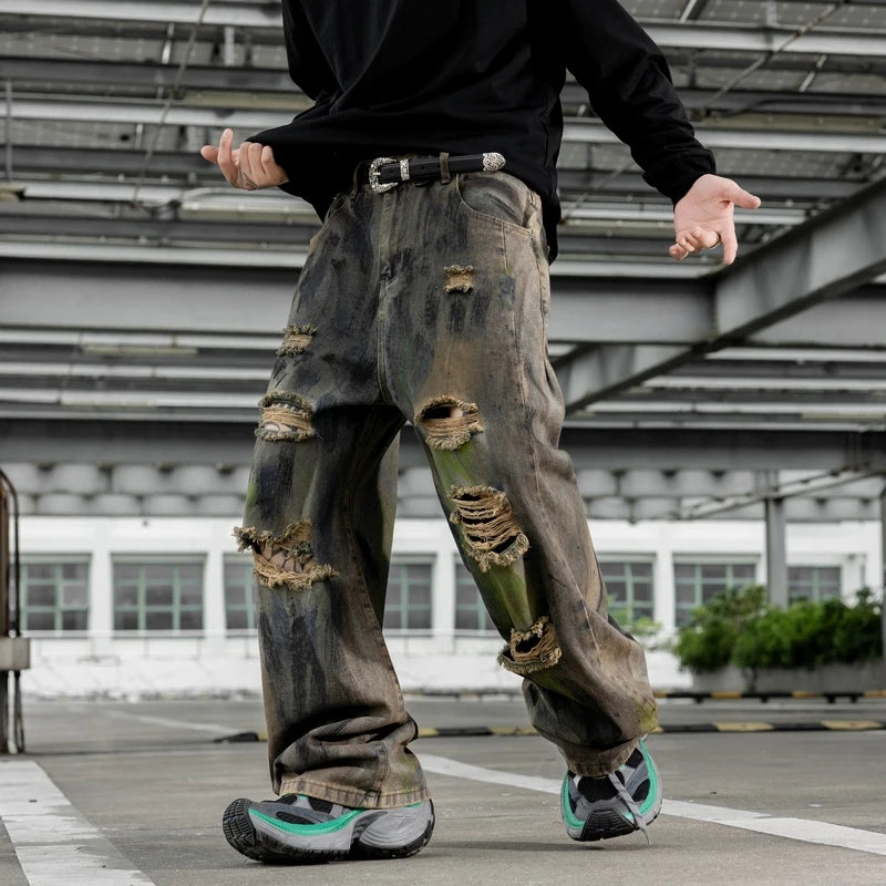 Jeans For Man Y2k Denim Pants New Trend Heavy Craft Washed Graffiti Curved Blade Design Baggy Jeans  Fashion Casual