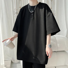 Men's V-Neck Waffle Texture Loose-Fit Short Sleeve T-Shirt - Breathable Casual Top, Soft Comfortable Fabric, Relaxed Fit Summer