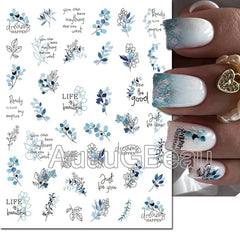 Nail Art 3d Decals Retro Watercolor Grey Flowers Leafs Letters Message Adhesive Sliders Nail Stickers For Manicure