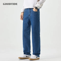 Fashion Men's American Nostalgic Retro Washed Straight Jeans Autumn Slightly Elastic Drape Original Color Casual Denim Pant