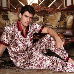 New Male Pajamas Set Homewear Print Short Sleeve Trouser Suits Pijamas Silky Satin Men Sleepwear Lounge Wear Loose Pyjama