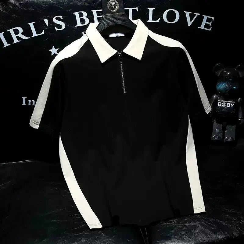 Fashionable Polo Shirt Short-sleeved Men Personality New Pullover T-shirt Casual Contrast Lapel Top