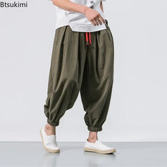 Fashion Harem Pants Men's Chinese Style Loose Cotton Linen Trousers Trend Streetwear Man Casual Pants Japanese Kimono Sweatpants