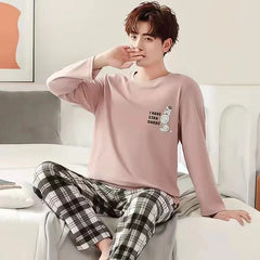 2 Sets of Men Pajamas Set of Long-Sleeved Long Trousers Students Sleepwear Homewear Cartoon O-Neck Striped Nightwear Loungewear