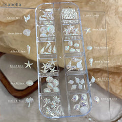 💕12 Grids/Box 3D Starfish And Shell Nail Art Decorations, Aurora Seashell And Palm Tree DIY Nail Rhinestone Accessories