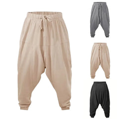 Men's Harem Pants Cotton Linen Drop Crotch Streetwear Loose Fit Breathable Lightweight Long Pants Comfortable Male Joggers