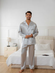 Men's Pajama Set Spring/Summer New Satin Solid Color Casual Button Down Shirt & Elastic Waistband Long Pants Pajamas for Home