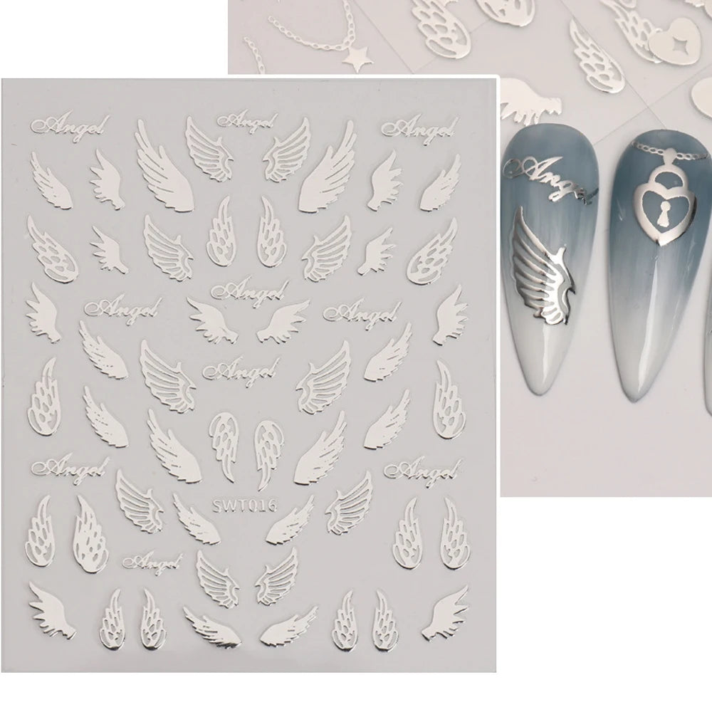 Nail Art Sticker Silver Star Bronzing Sun/Moon/Star/Wings/Hearts Nail Decal Self-Adhesive Manicure Slider Nail Decor Accessory
