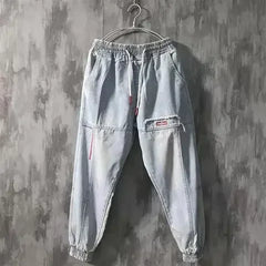 Men's Jeans with Elastic Baggy Harem Pants and Ankle Band for Sports Joggers Korean Fashion Streetwear Hip Hop Cargo Pants Black