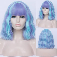 VICWIG Cosplay Short Synthetic Long Wavy Curly Women Green Purple Pink Hair Heat Resistant Wig With Bangs for Daily Party