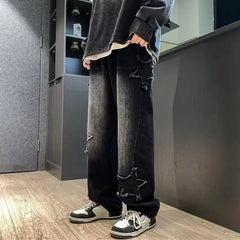 American HIPHOP Star Jeans Men's High Street Trendy Brand Loose Straight Leg Wide Leg Pants Street Trend Versatile Pants
