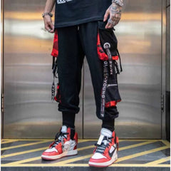 Men's Cargo Pants Casual Hip Hop Hit Color Multiple Pockets Trousers Streetwear Ribbons Techwear Sweatpants