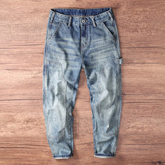 Spring Autumn American Vintage Causal Denim Jeans for Men Workwear 100% Cotton Old Washed Tapered Straight Harem Cargo Pants