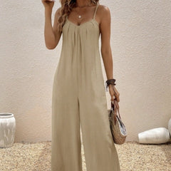 Women's V-neck Fashionable Casual Solid Color Suspender Jumpsuit