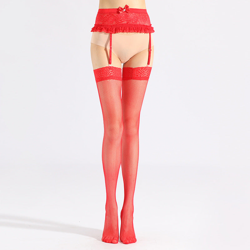 One-piece Sling Free Red Hollow Socks Lace Stockings