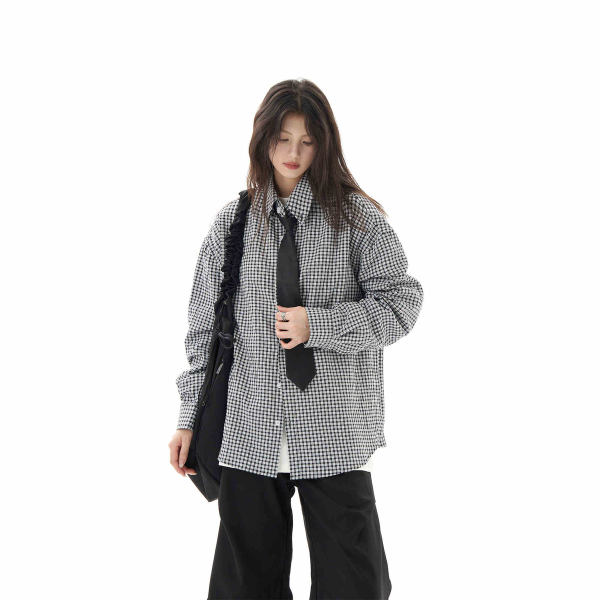 Black Plaid Shirt Long Sleeve Women Casual Loose Shirt Coat