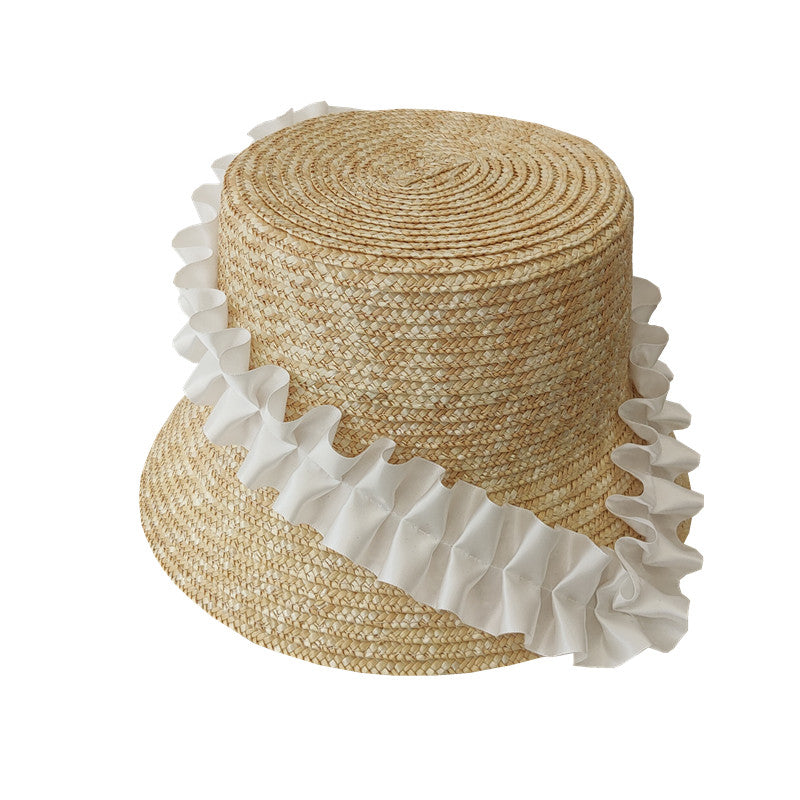 Pleated Lace Straw Bucket Hat