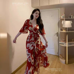 Plus Size Red For Women Printed V-neck Dress