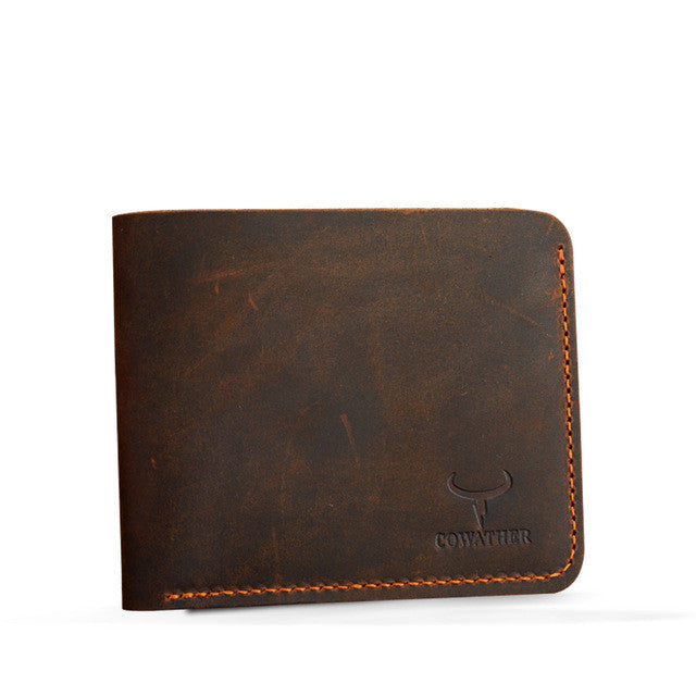 Retro short wallet for men – black genuine leather paint surface detail