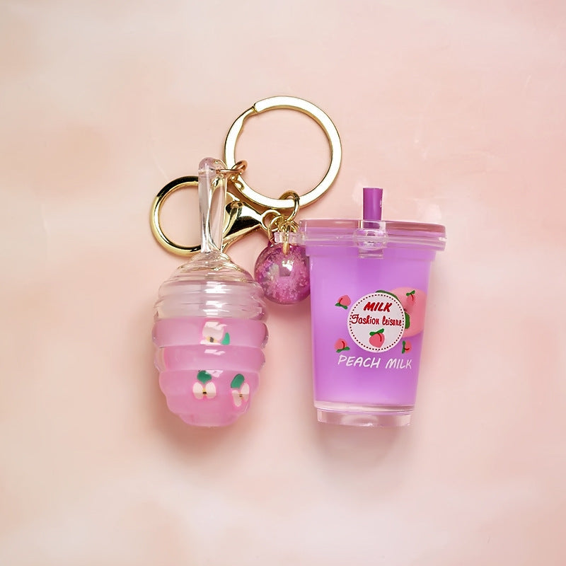 Peach Floating Milky White Teacup Lip Gloss Pendant Key Ring
