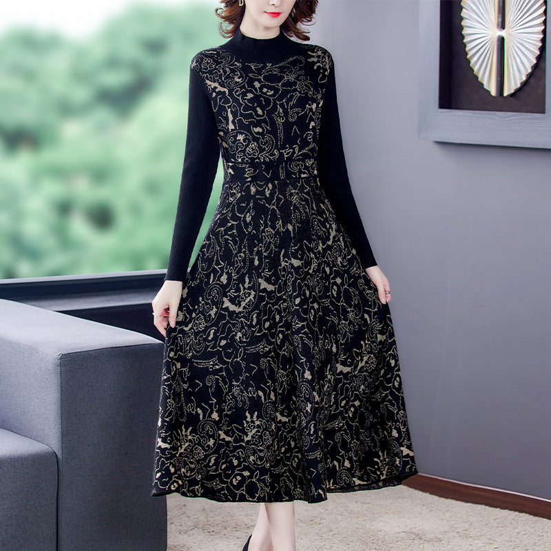 Dress Half High Neck Middle Length Skirt Slim A-line