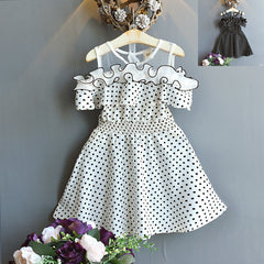 Round Neck Off-the-shoulder Polka-dot Fungus-trimmed Midi Dress