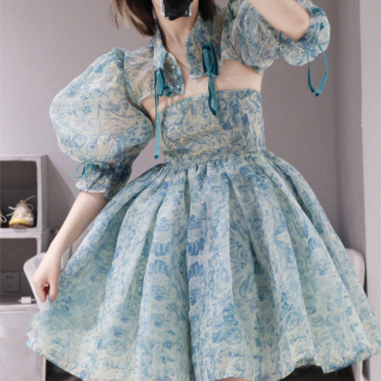 French Blue Floral Dress Female Celestial