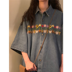 Vintage Embroidered Washed Distressed Short Sleeve Shirt Coat