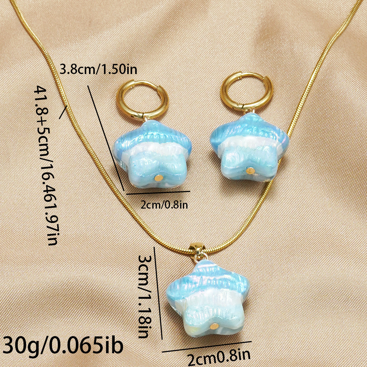 Lxalry 18K Gold Plated Stainless Steel Star Pendant Necklace & Earrings Set - Cute Iridescent Blue Charm, Waterproof, Hypoallergenic, Ideal Gift For Birthday, Summer, Girls, Daily Wear & Parties