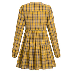 Women's Classic Vintage Plaid Bubble Sleeve Dress