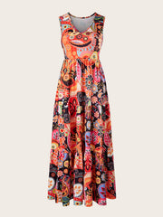 Bohemian Plus Size Dresses Loose Round Neck Ruffle Big Swing Print Spring Summer Casual Sleeveless Hem