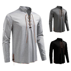 Drawstring Design Men's Stand-up Collar Long Sleeve T-shirt