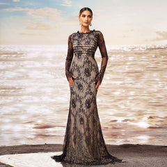 Long Sleeve Round Collar Gauze Sheath Fishtail Evening Dress