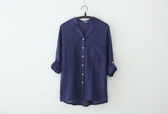 Sun Protection Japanese Fresh Loose Cotton And Linen Stand Collar Shirt