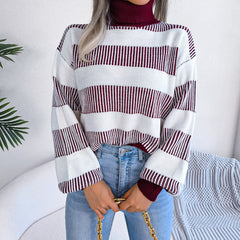 European And American Street Stripe Lantern Sleeve High Neck Bottoming Sweater