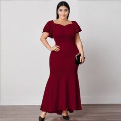 V-neck Short Sleeve Stitching High Waist Plus Size Ruffle Dress Women
