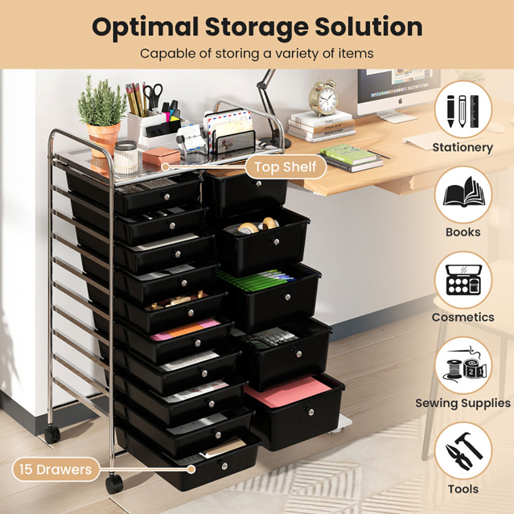15 drawer rolling storage cart – 88 lbs total weight capacity