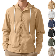 Men's Button-Down Loose Linen Casual Simple Beach Hooded Long Sleeve Jacket