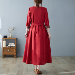 Long Sleeve V-neck Stitching Cotton And Linen Plus Size Slimming Dress Women