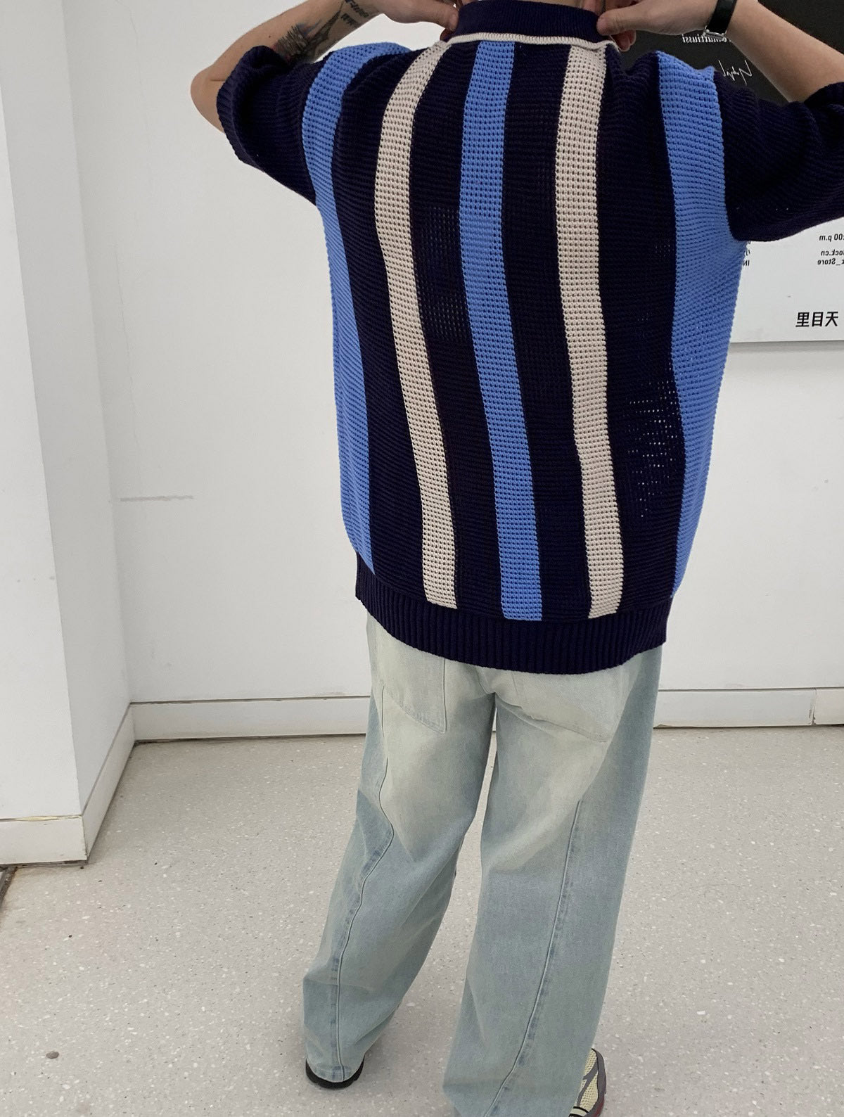 Hollow-out Vertical Stripes Color Matching Knitted Polo Shirt