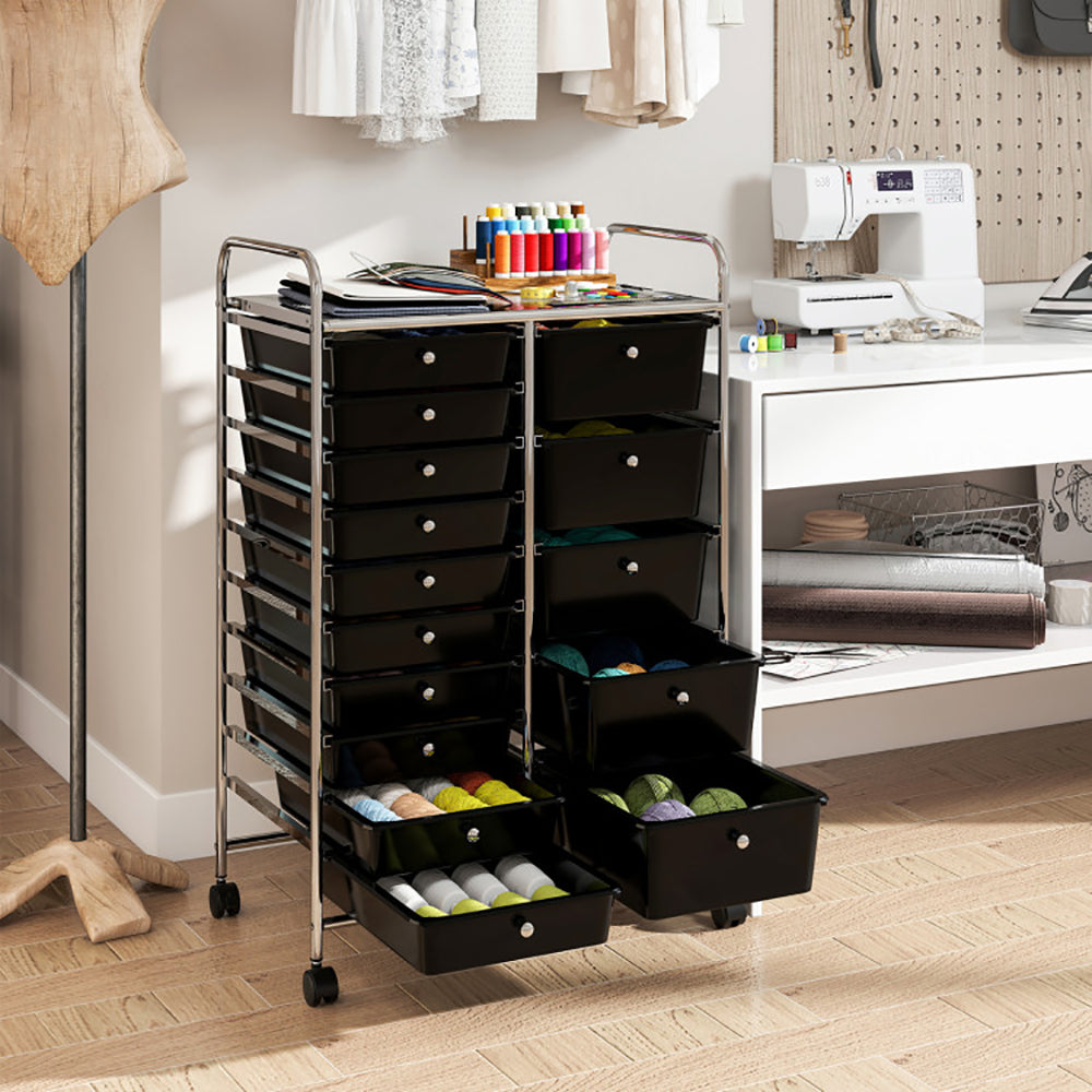 15 drawer rolling storage cart – removable drawers top shelf detail