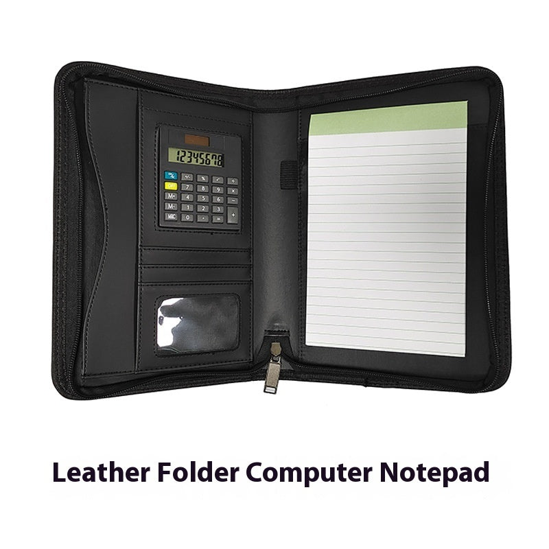 A5 leather folder organizer with calculator – 190x265mm size zipper close-up