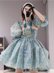 French Blue Floral Dress Female Celestial