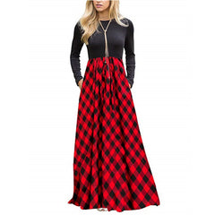 Printed Plaid Pocket Milk Silk Round Neck Long Sleeve Big Sleeve Dress