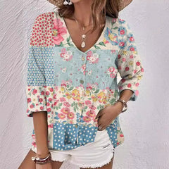 Female Oil Painting Printed V-neck Short Sleeved Shirt